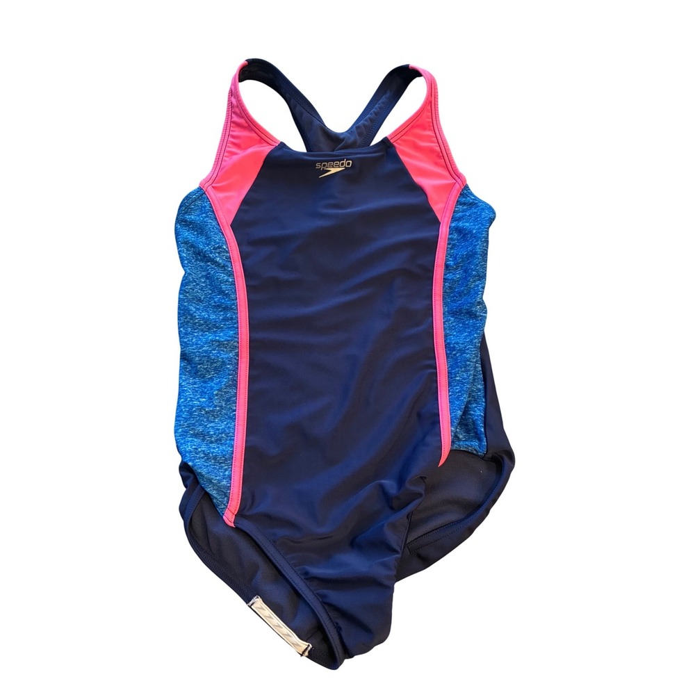 Speedo Womens One Piece Swimsuit Navy Blue Pink‎ Racerback Swim Suit Size 30/10